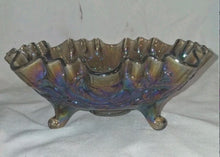Load image into Gallery viewer, Vintage Carnival Glass Rose Pattern Footed Bowl Iridescent Ruffled Edge 9"
