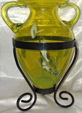 Load image into Gallery viewer, Vintage Yellow/Green Hand Blown Art Glass Amphora Vase w/ Metal Stand 12" Tall
