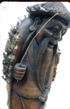 Load image into Gallery viewer, Large Hand Carved Bamboo Fisherman Sage Statue Rustic Folk Art

