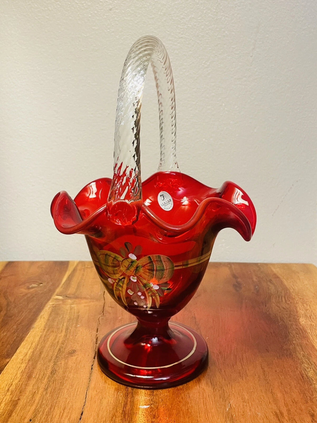 FENTON Ruby Red Christmas Bow 10.5” Ruffled Basket Vase Signed by D. Cutshaw