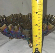 Load image into Gallery viewer, Vintage Carnival Glass Rose Pattern Footed Bowl Iridescent Ruffled Edge 9"
