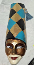Load image into Gallery viewer, Venetian Style Harlequin Wall Mask Gold Black Blue Diamond Jester Tassel Decor
