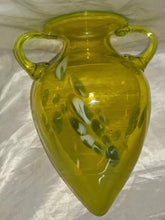 Load image into Gallery viewer, Vintage Yellow/Green Hand Blown Art Glass Amphora Vase w/ Metal Stand 12" Tall
