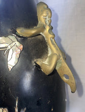 Load image into Gallery viewer, Vintage Mother of Pearl Abalone Inlayed Black Brass Vase Bird Floral Korea
