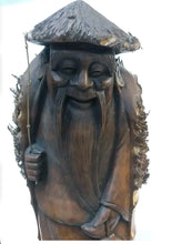 Load image into Gallery viewer, Large Hand Carved Bamboo Fisherman Sage Statue Rustic Folk Art
