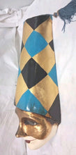 Load image into Gallery viewer, Venetian Style Harlequin Wall Mask Gold Black Blue Diamond Jester Tassel Decor
