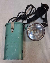 Load image into Gallery viewer, Vintage Justrite USA Battery-Powered Headlamp Green Metal Case W/ Strap
