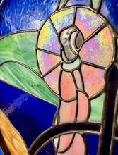 Load image into Gallery viewer, Vintage Round Stained Glass Japanese Geisha Girl W/ Umbrella Framed Panel 21.5”
