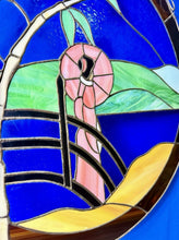 Load image into Gallery viewer, Vintage Round Stained Glass Japanese Geisha Girl W/ Umbrella Framed Panel 21.5”
