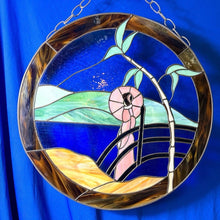 Load image into Gallery viewer, Vintage Round Stained Glass Japanese Geisha Girl W/ Umbrella Framed Panel 21.5”
