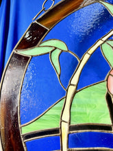 Load image into Gallery viewer, Vintage Round Stained Glass Japanese Geisha Girl W/ Umbrella Framed Panel 21.5”
