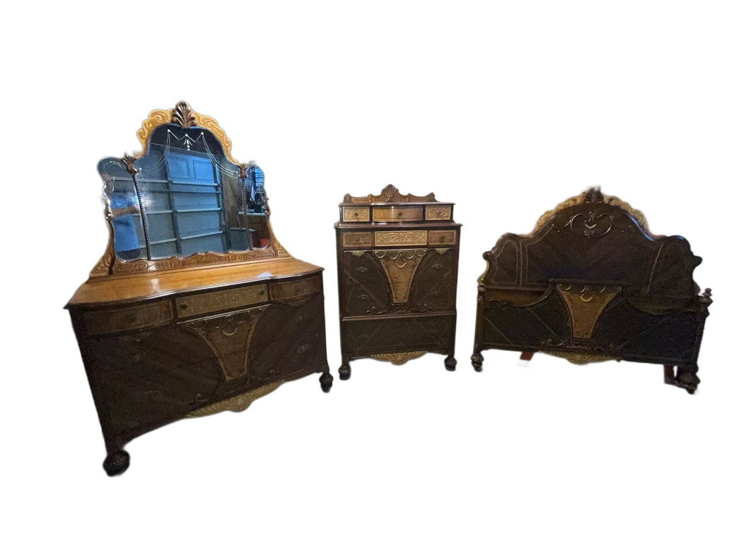 Antique 1920’s-30’s Bedroom Set High Boy Dresser-Mirrored Dresser Full Bed