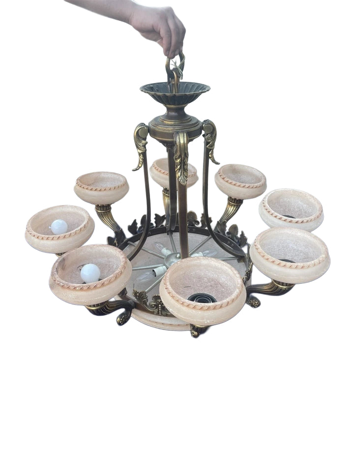 Vintage Large Bronze & Alabaster pendant Chandelier
