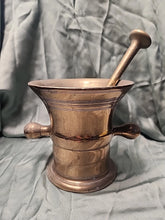 Load image into Gallery viewer, Large Brass Antique Apothecary Drug Spice Grinder Milling mortise &amp; pestle Heavy
