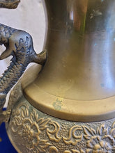 Load image into Gallery viewer, Large Vintage Chinese Solid Brass Dragon Urn Vase Planter with Floral Motif
