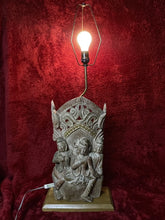 Load image into Gallery viewer, RARE Vintage 34” Thailand Wooden Carved 3 Buddhas Lamp w/ Brass &amp; Switch
