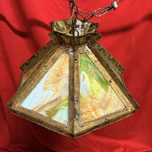 Load image into Gallery viewer, TOM GREENE Hexagonal MCM Brutalist Green Amber Slag Glass Swag Pendant Light
