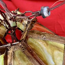 Load image into Gallery viewer, TOM GREENE Hexagonal MCM Brutalist Green Amber Slag Glass Swag Pendant Light
