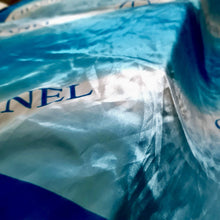 Load image into Gallery viewer, Vintage CHANEL 100% Silk Scarf Glossy Ocean Blue 38”x38” Square w/ Original Bag
