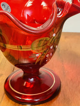 Load image into Gallery viewer, FENTON Ruby Red Christmas Bow 10.5” Ruffled Basket Vase Signed by D. Cutshaw
