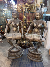 Load image into Gallery viewer, Vintage Aspara Musical Ladies Playing Dholak Indian Bronze Statues Rare 38”
