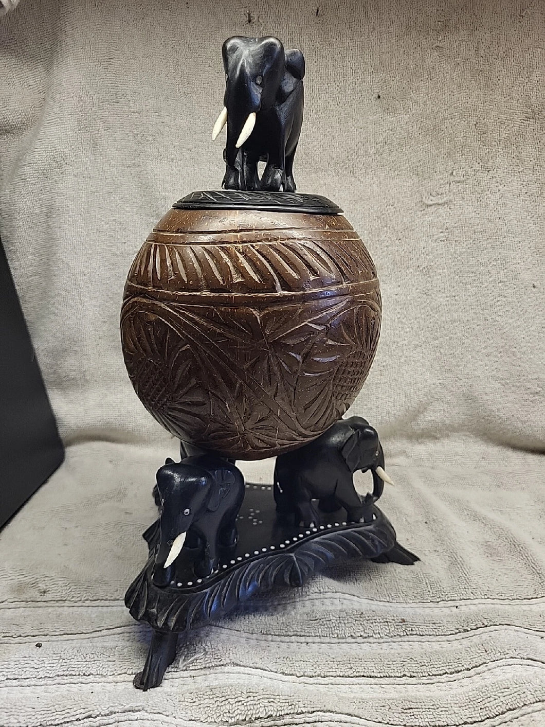 Anglo Raj carved coconut shell with elephant tobacco storage