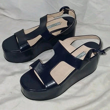 Load image into Gallery viewer, PRADA Milano Navy Blue Platform Wedge Sandals Women’s Size 36 (US 6) Leather
