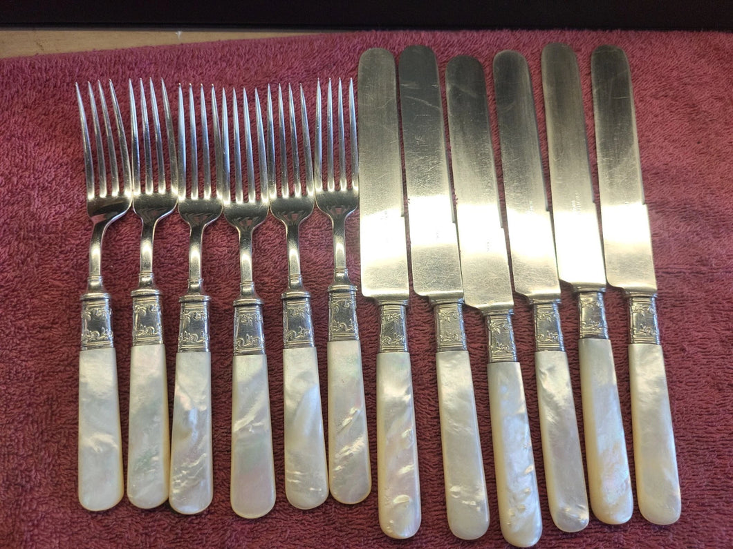 Benjamin Allen & Co Pearl Handle French Hollow Knife & Fork X6 Sterling Silver