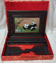 Load image into Gallery viewer, Chinese Carved Hardwood Rotating Tabletop Screen Panda Scene w/ Silk Box
