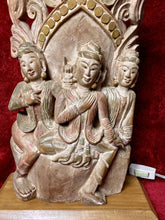 Load image into Gallery viewer, RARE Vintage 34” Thailand Wooden Carved 3 Buddhas Lamp w/ Brass &amp; Switch
