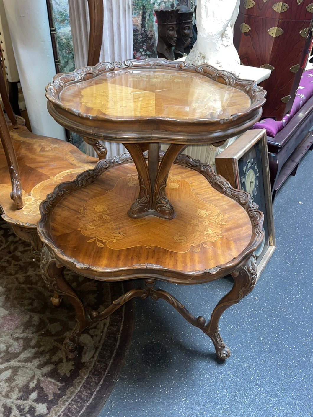 Antique venetian 19th century Carved Italian wood inlaid two-tier table!
