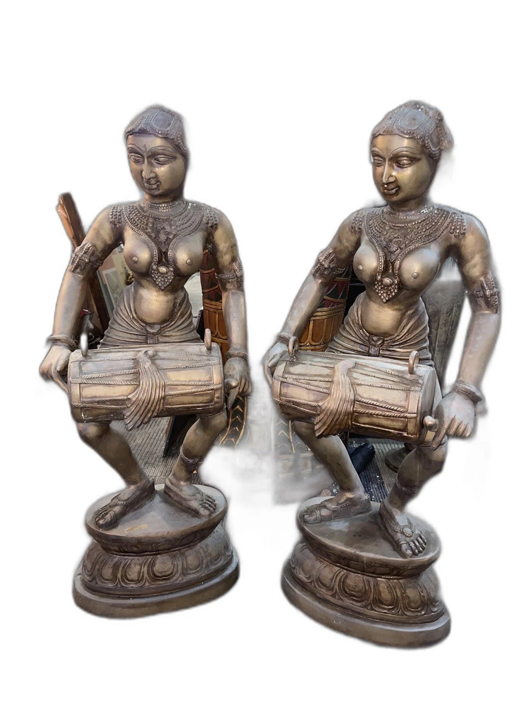 Vintage Aspara Musical Ladies Playing Dholak Indian Bronze Statues Rare 38”