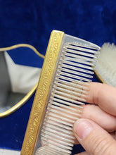 Load image into Gallery viewer, Vtg Matson 1930s Gold Tone Daisy 3-D Vanity Set Hand Mirror Brush Comb Rare Read
