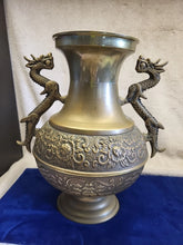 Load image into Gallery viewer, Large Vintage Chinese Solid Brass Dragon Urn Vase Planter with Floral Motif
