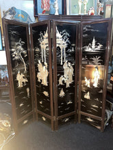 Load image into Gallery viewer, CHINESE 4 PANEL COROMANDEL BLACK LAQUERED SCREEN WITH MOTHER OF PEARL OVERLAY!!
