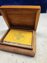 Load image into Gallery viewer, Celtic Brass Card Holder W/3 Gold Foil 24k Playing Cards, Wood Storage Box
