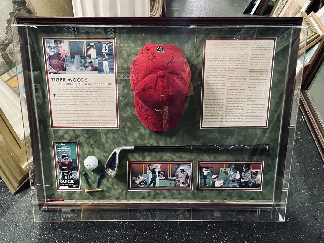 TIGER WOODS Shadowbox Display w/ Multi Signed Game Used Hat, 2nd Buick Win 2004
