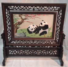 Load image into Gallery viewer, Chinese Carved Hardwood Rotating Tabletop Screen Panda Scene w/ Silk Box
