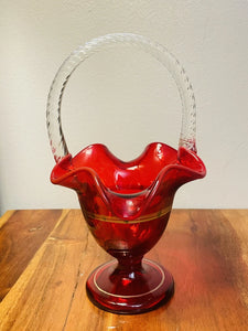 FENTON Ruby Red Christmas Bow 10.5” Ruffled Basket Vase Signed by D. Cutshaw