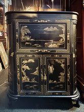 Load image into Gallery viewer, Vintage Chinese Black Lacquer Bar Cabinet Fold Out Top Hand Painted 42H 36L 18D
