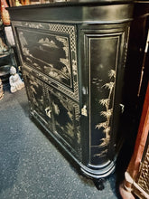 Load image into Gallery viewer, Vintage Chinese Black Lacquer Bar Cabinet Fold Out Top Hand Painted 42H 36L 18D
