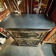 Load image into Gallery viewer, Vintage Chinese Black Lacquer Bar Cabinet Fold Out Top Hand Painted 42H 36L 18D
