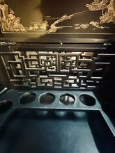 Load image into Gallery viewer, Vintage Chinese Black Lacquer Bar Cabinet Fold Out Top Hand Painted 42H 36L 18D

