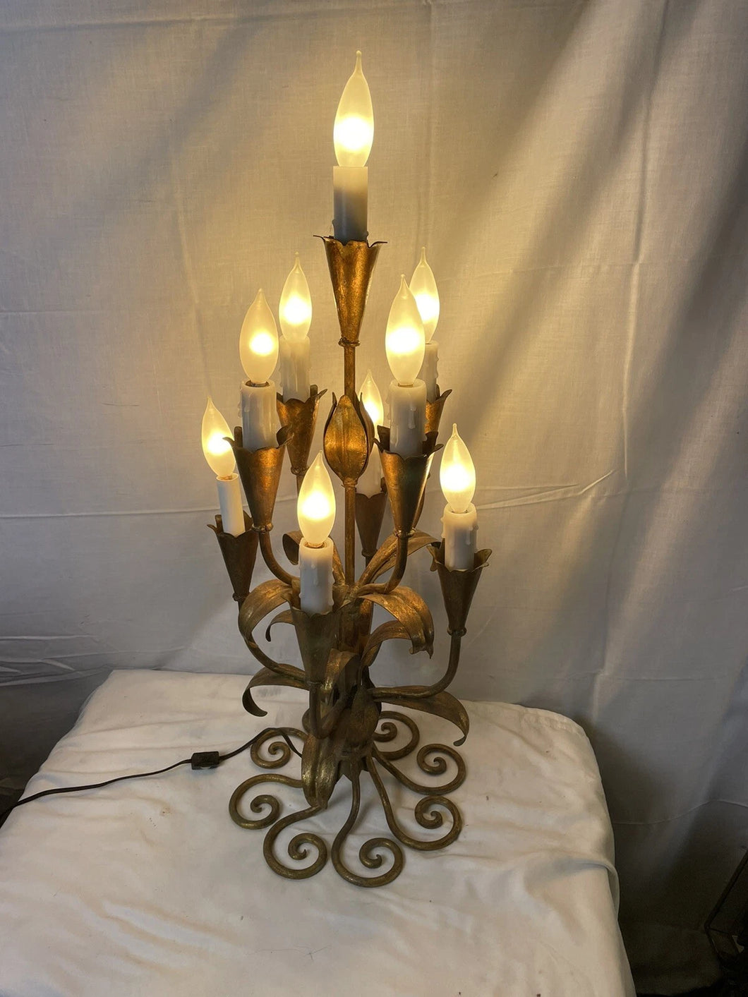 Mid Century Modern Italian Candelabra Lamp Gilt Iron Tole 9 Light