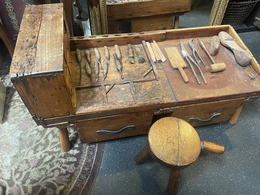 Antique Wood COBBLER'S BENCH 10 Drawers, Stool And Tools Included 1880’s