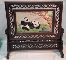Load image into Gallery viewer, Chinese Carved Hardwood Rotating Tabletop Screen Panda Scene w/ Silk Box
