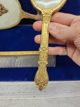 Load image into Gallery viewer, Vtg Matson 1930s Gold Tone Daisy 3-D Vanity Set Hand Mirror Brush Comb Rare Read
