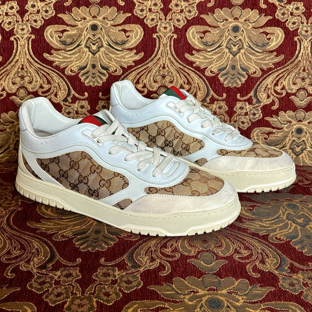 GUCCI Re-Web Sneakers 787476 Mens Size 12 Gg Canvas & Leather, Barely Used