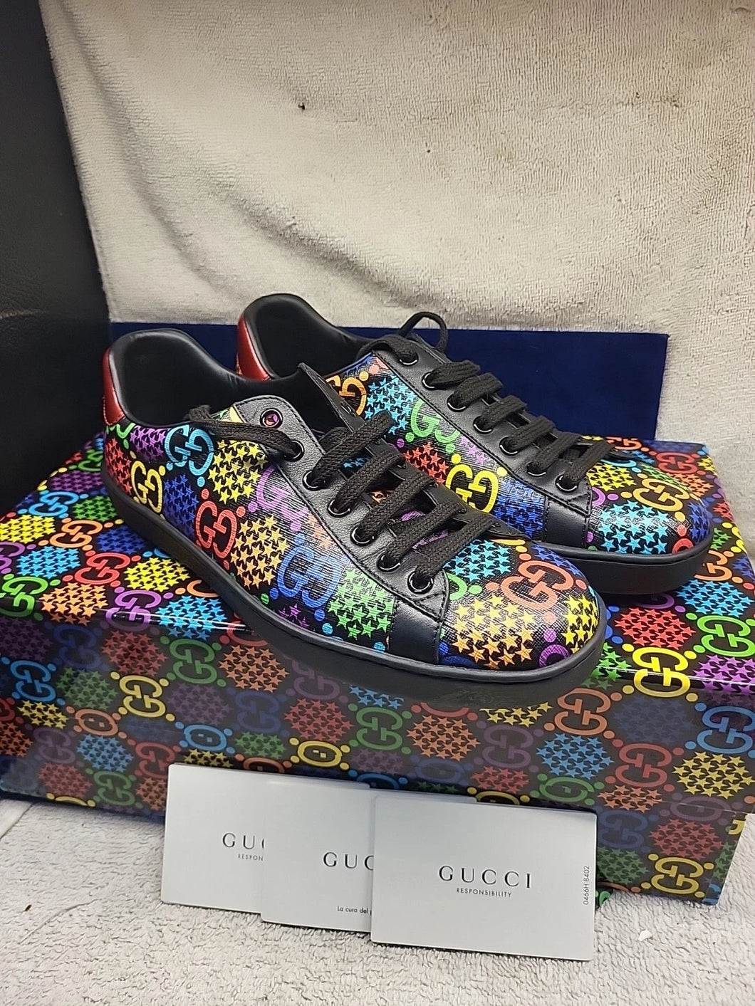 Gucci Multi GG Rombi Monogram Psychedelic Ace Lace up Sneakers Sz 5 CIB!!