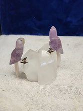 Load image into Gallery viewer, Peter Muller Hand Carved Amethyst/Fluorite Macaw Couple on Quartz 4"!!
